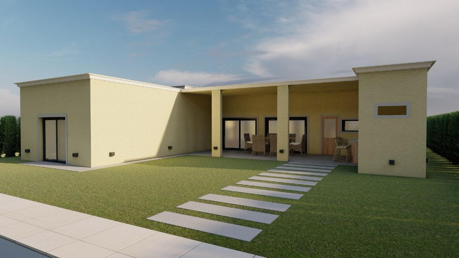 Fachada de casa moderna com caminho de lajotas — projeto Proyecto de vivienda en San Vicente, por ODF Arquitectura & Obra, em San Vicente